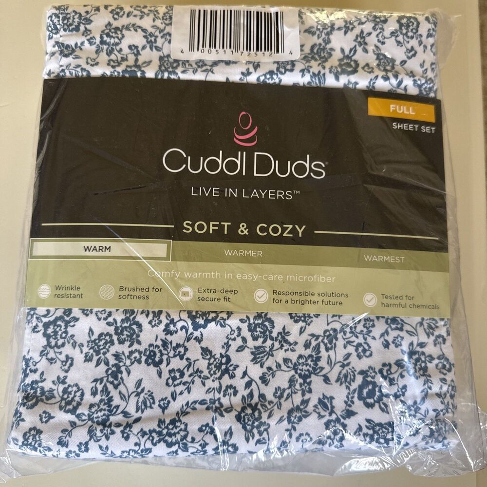 Cuddl Duds Soft & Cozy Sheet Set Full Size Blue Floral Microfiber